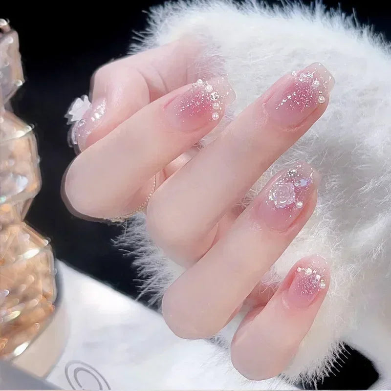 24pcs Detachable Short Press on Nails Y2k rhinestone False Nails with Glue Ballet Sweet Cool Girls Artificial False Nails Tips