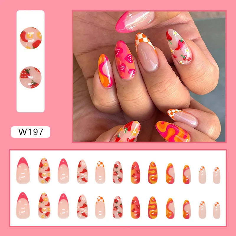 24pcs/Box Ballerina Nail Tip Purple with Design Manicure Patches Fresh Floral Almond False Nails Press on Med Nails Detachable