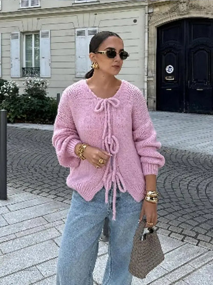 Casual Brown Lace Up Bow Knitted Cardigan O-neck Long Sleeve Sweater