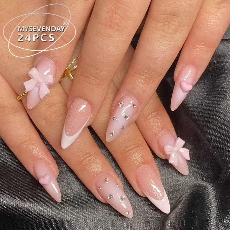 24Pcs Pink Almond French Press on Nails With 3D Bow ripple charms Design Fake Nails Ballerina False Nails Full Cover Nail Tips