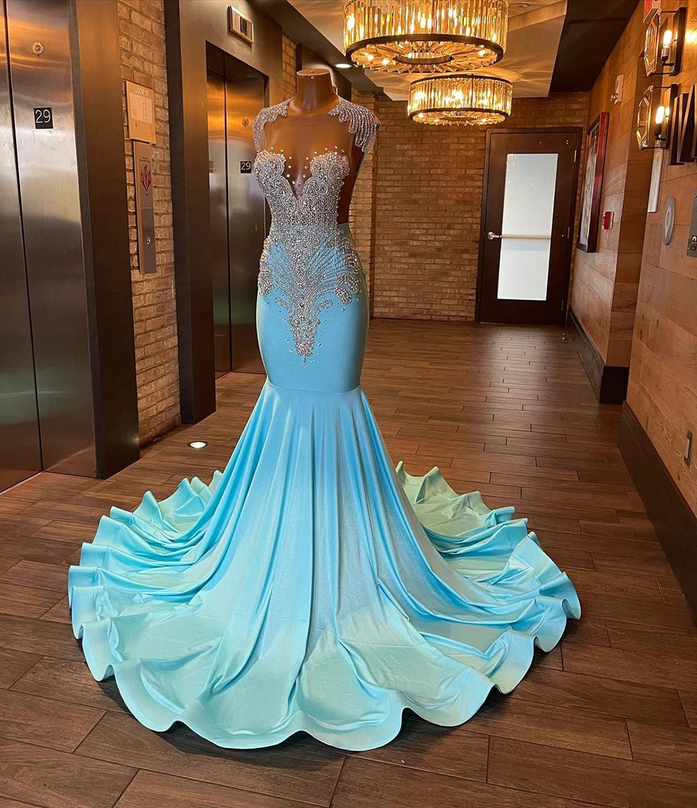 Long Sparkly Sexy Sheer Top Luxury Diamond Light Blue Mermaid Prom Gala Party Gowns