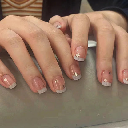 24Pcs Short Square Head False Nails Colorful Stars Design Press on Nails with Rhinestone French Wearable Full Cover Nail Tips