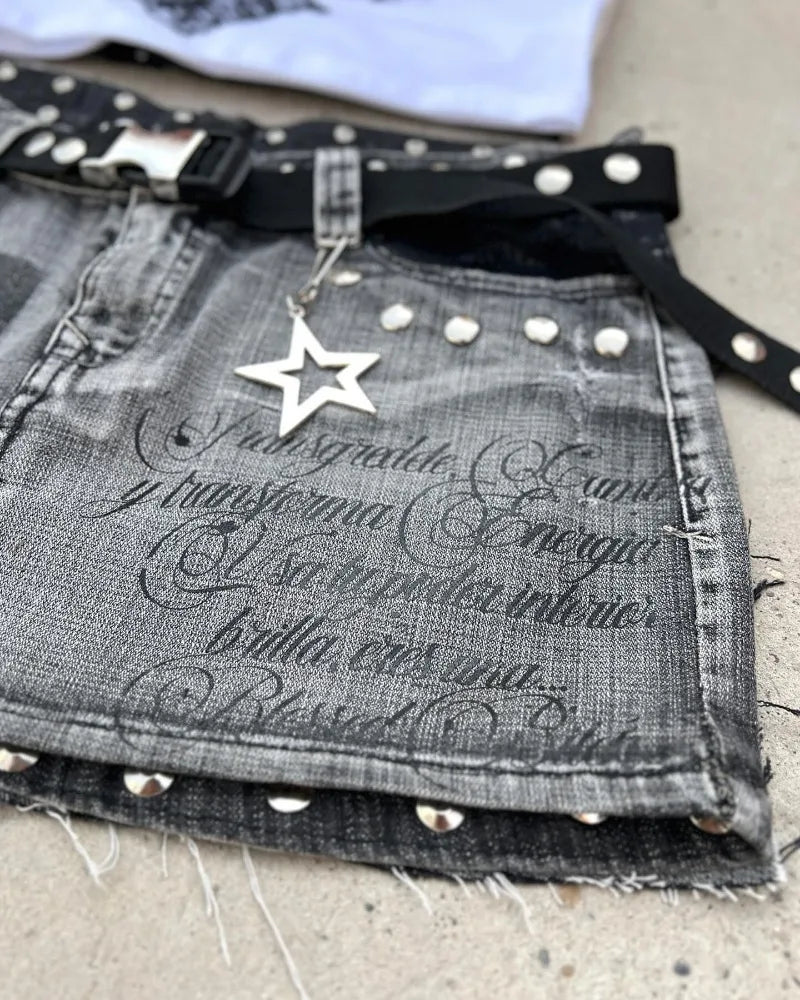 New Fashion Geometric Letter Printing Patch Nail Slim Skirt Harajuku Popular Sexy Spice Girl Dress Ultra-short A-line Skirt