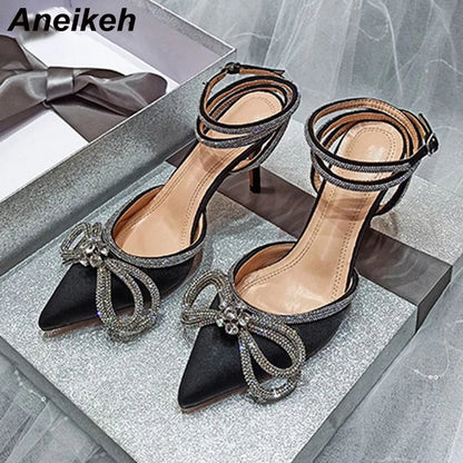 Aneikeh Spring/Autumn 2025 Women's Shoes Fashion Butterfly-Knot Narrow Band Bling Patchwork Cross-Tied Crystal Pointed Toe Pumps