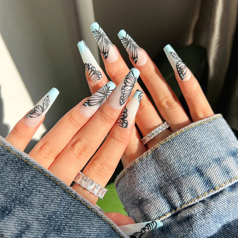 24Ps Super Long Ballet Wearable Fake Nails Blue Diamond Small Flower Press on Nail Stickers Finished Removable False Nail Pieces