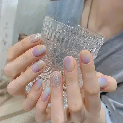 24Pcs Medium Short Square False Nails Glittering Nail Art White Wearable Fake Nail Silver French Full Cover Press on Nail Tips