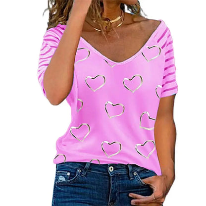 V Neck T-shirts Short Sleeve Tops Tees Heart-Shaped Graphics