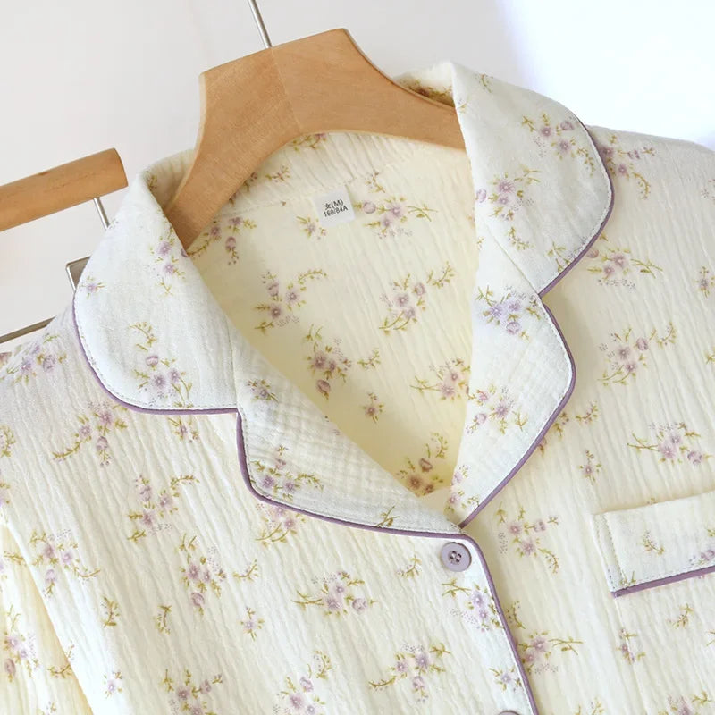 2025 Spring and Autumn Women's New Pajama Cotton Long sleeved Pants Set with Collar Flower Crape Fabric Home Clothing Set Ladies