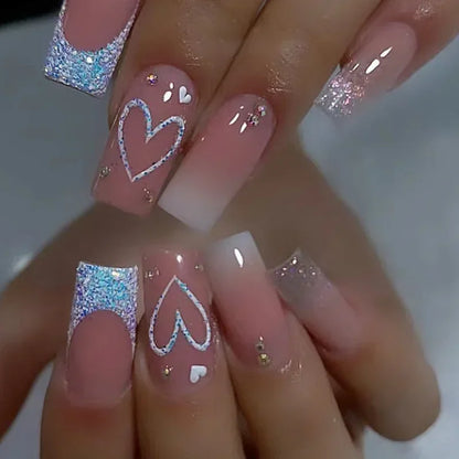 24Pcs Simple Blue French Fake Nails with Diamond Love Pattern Design False Nails Press on Mid-length Ballet Full Cover Nail Tips