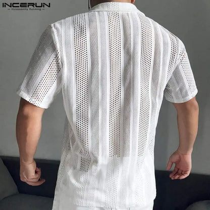 INCERUN Men's Shirt Mesh Transparent Lapel Short Sleeve
