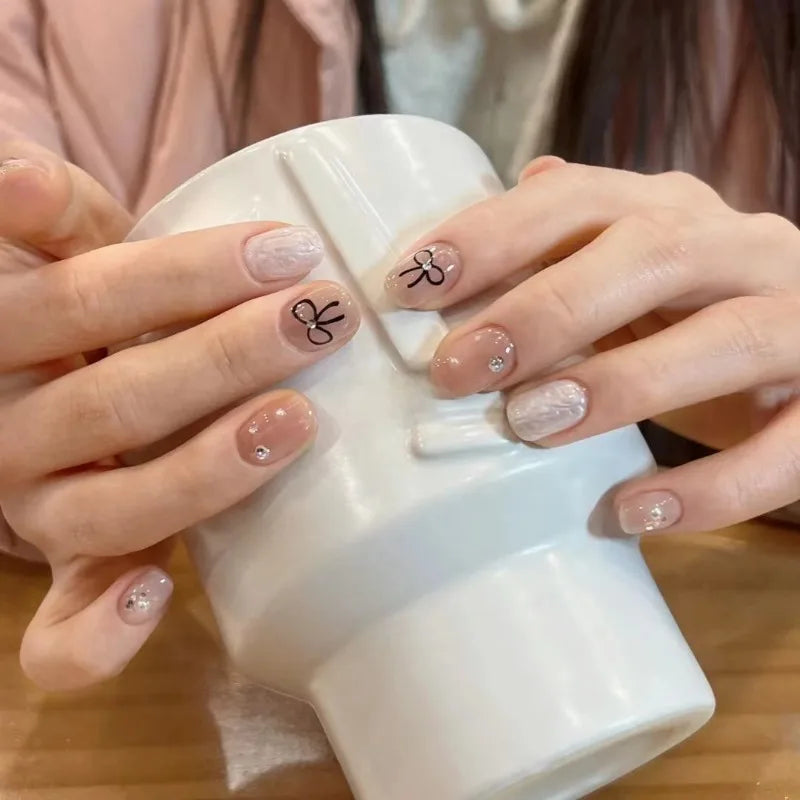 10Pcs Pink Handmade Press on Nails Short Blush Artificial False Nail Tips