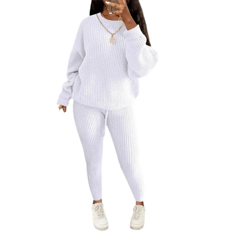 Winter Two Piece Sets Women Clothing Autumn Fashion Casual Solid Round Neck Pullover Loose Pit Knitted Sweater Pants Suits
