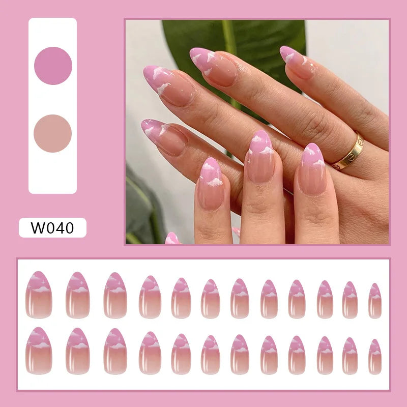 24pcs/Box Ballerina Nail Tip Purple with Design Manicure Patches Fresh Floral Almond False Nails Press on Med Nails Detachable
