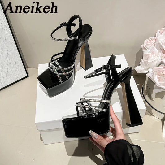 Aneikeh Summer New Cross Rhinestone with High Heels Platform Sandals Thick Heel Fashion Open Toe