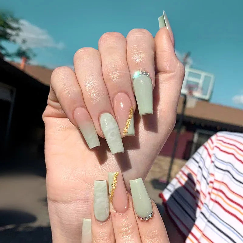 24Ps Super Long Ballet Wearable Fake Nails Blue Diamond Small Flower Press on Nail Stickers Finished Removable False Nail Pieces