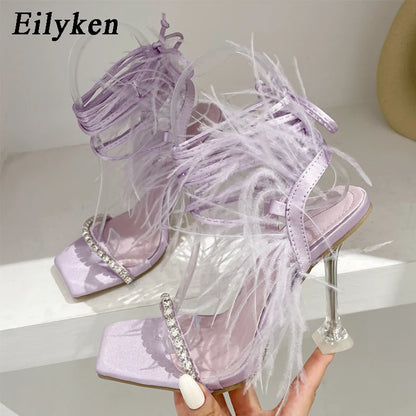 CRYSTAL Rhinestone Butterfly-knot Transparent Square Toe Women Sandals 2025