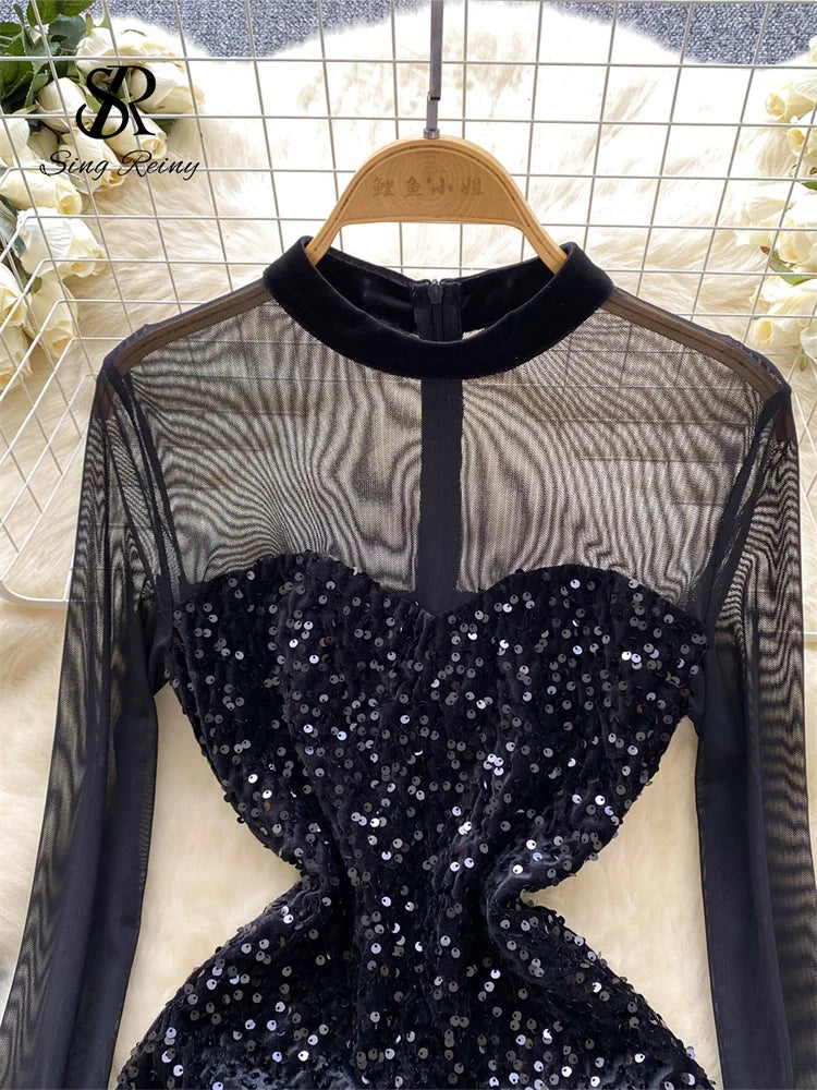 SINGREINY Autumn Luxury Sequins Party Dress Women Stand Collar Fur Long Sleeves Shiny Slim Bodycon Sheer Short Sexy Dress