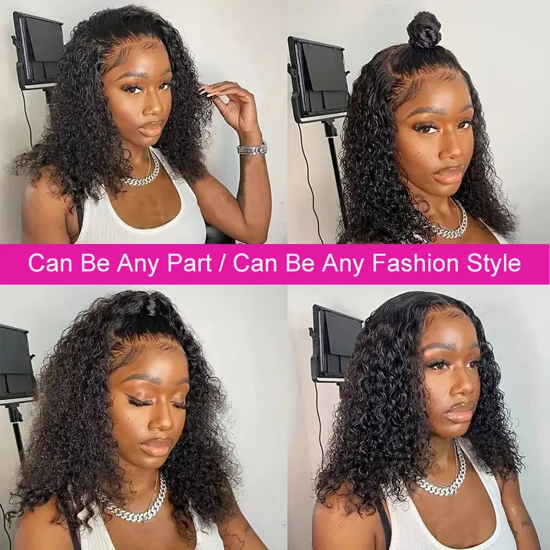 100% Brazilian Human Hair Wigs Deep Curly Bob Wig Natural Black Color Deep Wave HD Lace Front 13x4 Transparent Lace Wigs