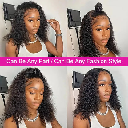 100% Brazilian Human Hair Wigs Deep Curly Bob Wig Natural Black Color Deep Wave HD Lace Front 13x4 Transparent Lace Wigs