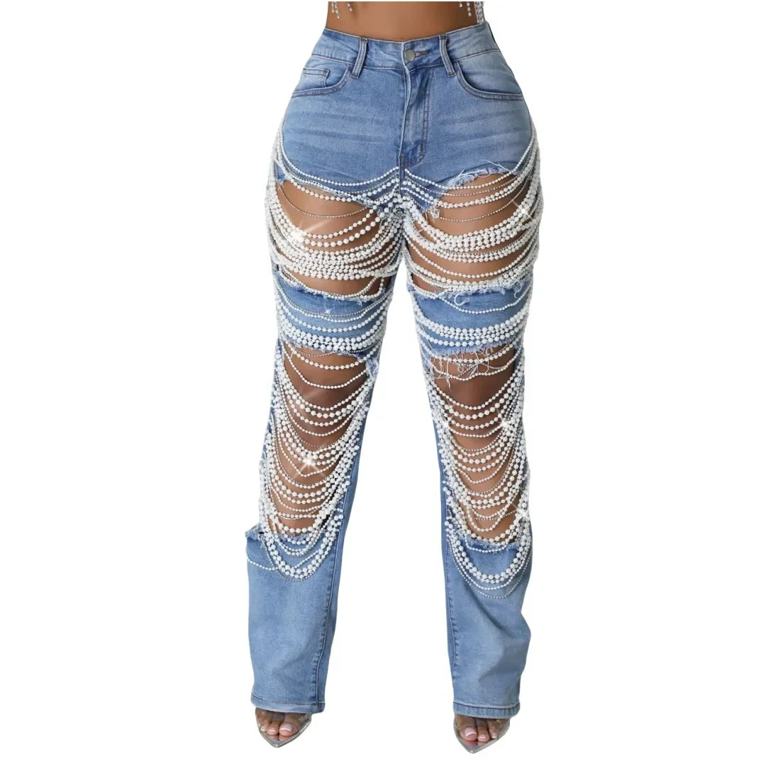 Pearl Beading Ripped Hollow Out Tassel Wide Leg Jeans 2025