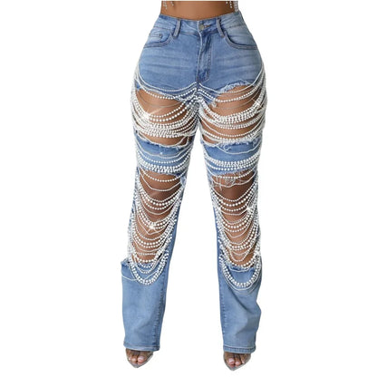 Pearl Beading Ripped Hollow Out Tassel Wide Leg Jeans 2025