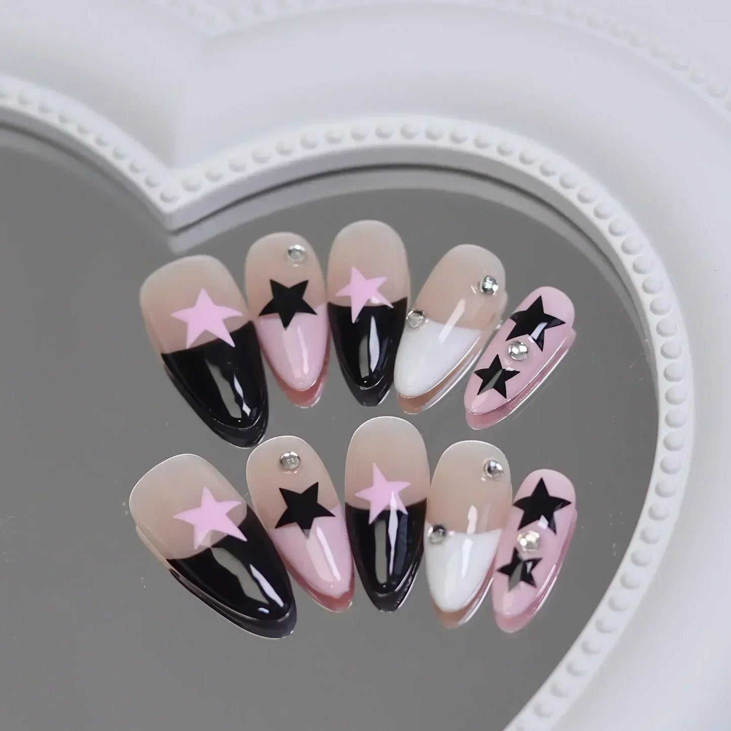 10Pcs Pink Handmade Press on Nails Full Cover Bow Tie Rhinestone Design