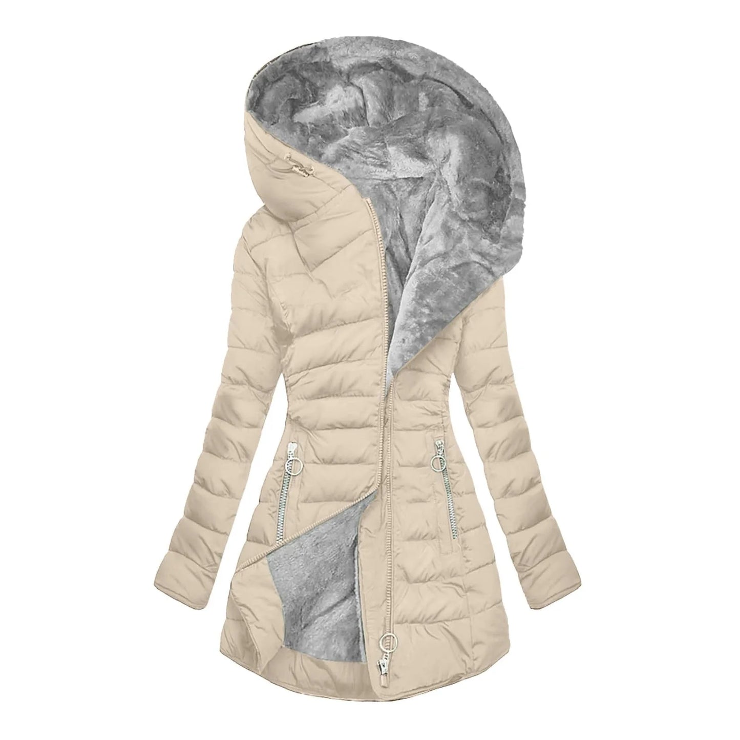 Women Parkas Hooded Solid Zipper Splice Midi Coats Long Sleeve Pockets Slim Fit Thick coats