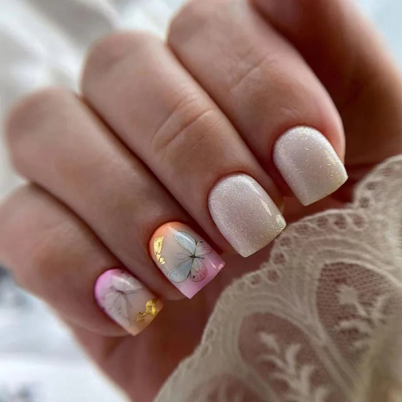 24Pcs Short Square Nude Fake Nails Art White Edge Glossy Artificial French False Nails Removable Full Cover Press on Nail Tips
